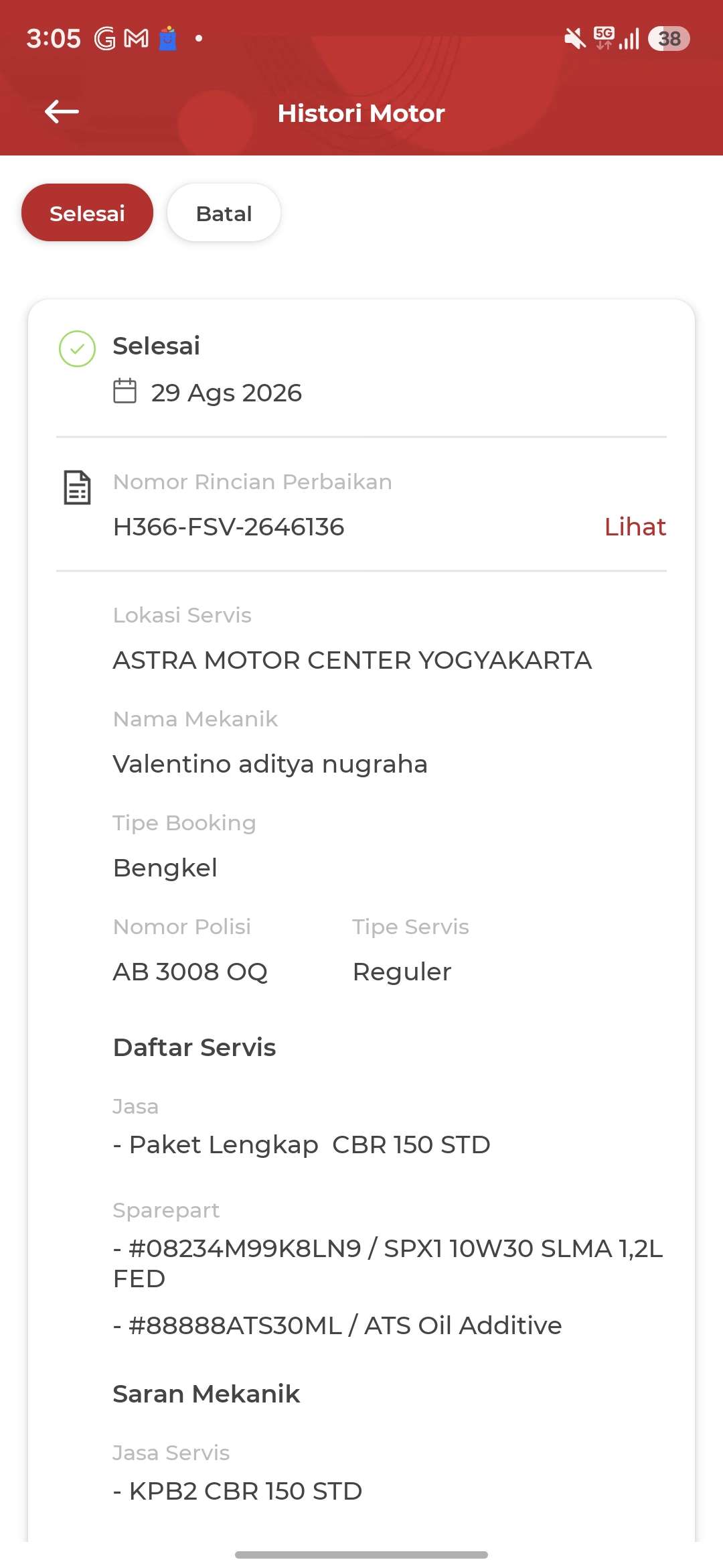 My service ticket (B010) and receipt from ASTRA Honda Jombor, August 2026